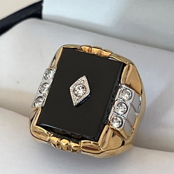 Vintage Ring Genuine Black Onyx 14K Gold Plate Mid Century Cocktail Art Deco - Picture 6 of 6